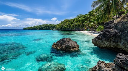 Obraz premium Tropical beach adventure serene coastal paradise scenic photo bright day vibrant colors relaxation concept