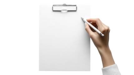 "Pen and Paper: A hand meticulously writes on a crisp, blank sheet of paper clipped to a clipboard, emphasizing the power of communication, expression, and the act of creation.