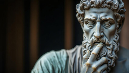 An ancient statue of a thoughtful figure, with a serene and contemplative expression. The statue exudes wisdom and mystery, capturing the essence of timeless art and classical beauty in its design.

