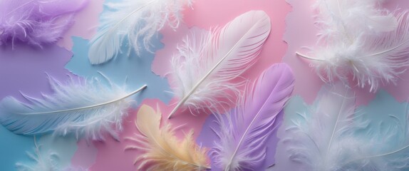 Obraz premium Abstract feather rainbow patchwork backdrop. Closeup shot of white fluffy feather amidst vibrant pastel neon mist. Fashion Color Trends.