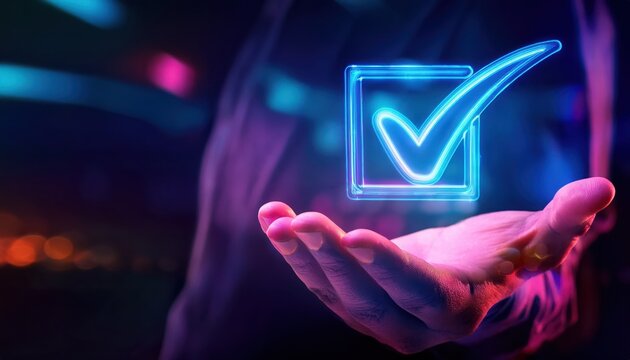 A glowing blue checkmark symbolizing confirmation in a digital age.