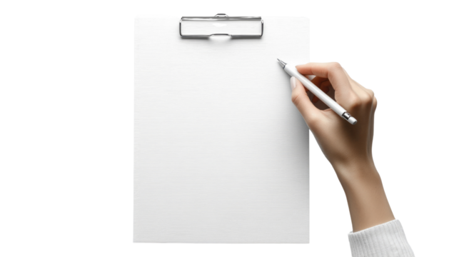 "Pen and Paper: A hand meticulously writes on a crisp, blank sheet of paper clipped to a clipboard, emphasizing the power of communication, expression, and the act of creation.
