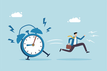 Late, hurry to go to work, rushing or running fast before deadline, speed or busy job, pressure or challenge to finish work in time, urgency concept, frustrated businessman hurry running to work late.
