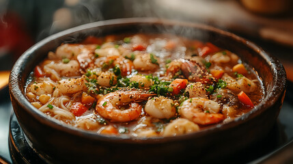A close-up of a bubbling Nabe hot pot filled with pron, vegetables, and udon noodles, served in a rustic earthenware bowl