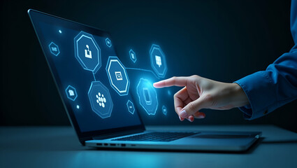 Hand Interacting with Holographic SAP System Interface on Laptop: Visualizing Business Process Automation, Data Management, and Digital Transformation Icons in Modern Enterprise Solutions