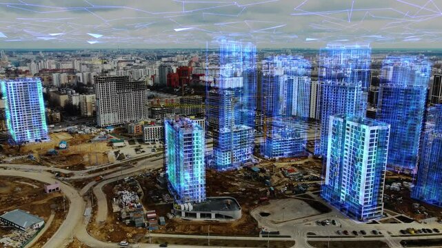 Aerial view of a construction site with animated digital blueprints overlaying buildings, representing future structures. A futuristic city planning concept blending real-world development. 4k footage - Powered by Adobe