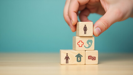 Flat Hand Stacking Wooden Blocks with Health Insurance Icons