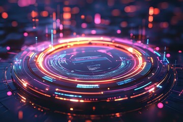 Futuristic glowing circular interface with neon orange and blue lights against dark background, digital technology concept with bokeh effects and luminous elements.
