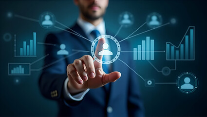 Hand Interacting with Holographic Digital Marketing Interface: Engaging Customer Analytics Icons for Modern Marketing Strategies in Photo Stock Concept with Empty Space