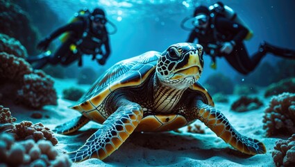 Fototapeta premium A beautiful turtle was captured against a diving backdrop.
