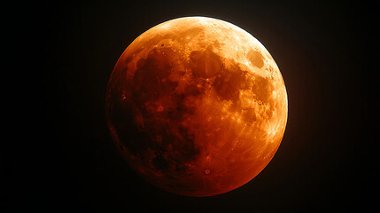 A close-up of a lunar eclipse, Earth's shadow partially covering the Moon in a deep red hue