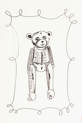 Hand drawn teddy bear sitting inside playful frame in monochrome sketch style. Concept of childhood nostalgia, softness and vintage toy design
