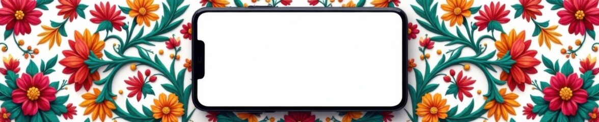 Smartphone mockup with plain white screen and ornate patterns surrounding it, mockup, mobile phone