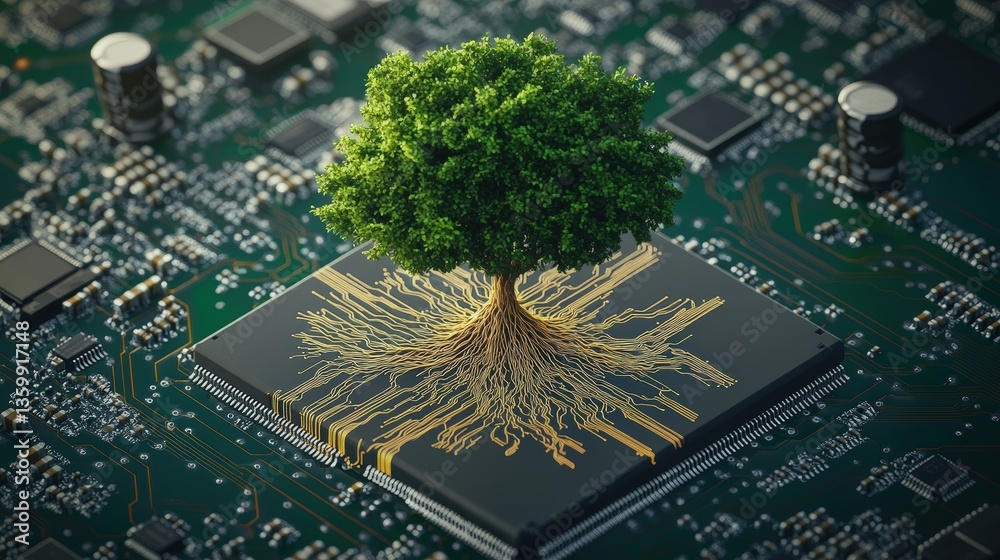 Poster a lush green tree with sprawling roots emerging from a microchip on a complex circuit board represen