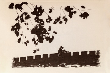 Fototapeta premium Ink illustration of couple sitting on stone wall beneath overhanging leaves in romantic embrace. Concept of affection, city nature and peaceful love moment