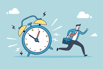 Late, hurry to go to work, rushing or running fast before deadline, speed or busy job, pressure or challenge to finish work in time, urgency concept, frustrated businessman hurry running to work late.