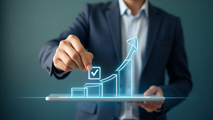 Businessman Evaluating Compliance: Steps for Document Checklist on Regulations, Policies, and Ethical Standards - Stock Photo Concept with Space for Text