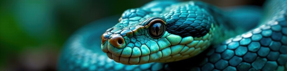 Snake's face closeup, scales shimmering blue green, wildlife, animal