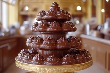 A decorative chocolate fountain with multiple tiers of confections