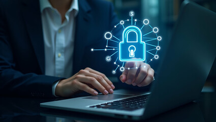 Secure Access: User Entering Login Credentials with Emphasis on Cyber Security, Data Protection, and Encryption for Personal Information - Stock Photo Concept with Empty Space for Text