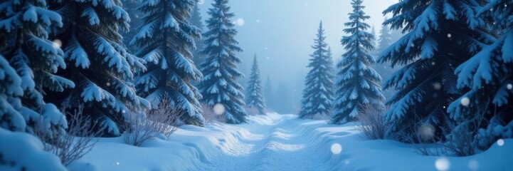 Obraz premium Snow-covered evergreen forest with misty atmosphere and twinkling lights, evergreen, winter