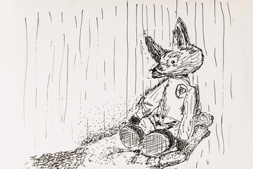 Hand-drawn toy fox sitting against wooden wall in sketchy ink style with long shadows. Concept of nostalgia, childhood and soft loneliness