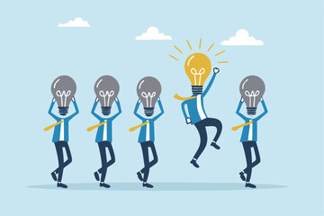 Be different, leadership individuality or unique candidate, courage or determination to success, freedom, stand out from other, freedom or creativity concept, businessman with bright lightbulb head.