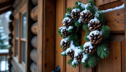 Snow-covered pinecone wreath on a wooden door in a rustic cabin, wooden door, rustic cabin