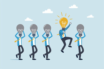 Be different, leadership individuality or unique candidate, courage or determination to success, freedom, stand out from other, freedom or creativity concept, businessman with bright lightbulb head.