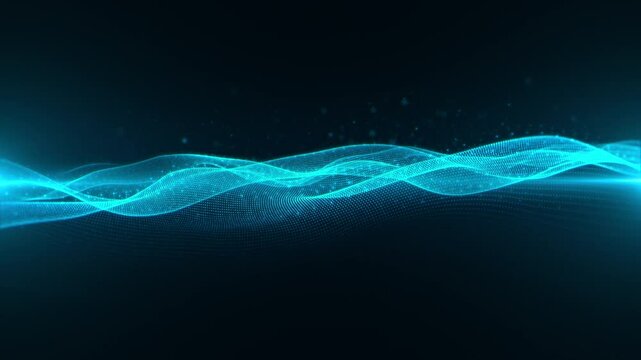 Beautiful abstract futuristic digital technology wave dot particles blue background seamless loop. Futuristic digital cyber data particles dots waves background. Digital technology AI loop backdrop 4K