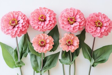 Fototapeta premium Vibrant pink zinnia flowers arranged in a row against a clean white background, showcasing natural beauty
