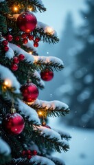 Snow-covered tree branches with red berries, Christmas lights, and ornaments, , Red Berries
