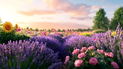 Fototapeta premium A vibrant flower field with lavender, colorful flowers, and sunflowers under a sunny sky with soft clouds. Concept Vibrant Flower Field, Lavender Blooms, Colorful Sunflowers, Sunny Sky, Soft Clouds