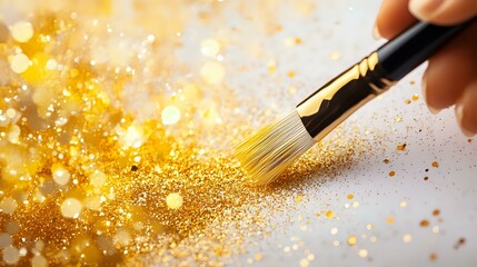 Fototapeta premium Magical gold glitter dust scattered by artist brush on light background with bokeh effect and sparkles creates festive atmosphere.