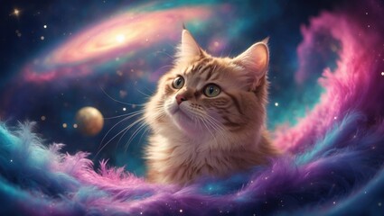 Charming domestic kitty set against a cosmic background