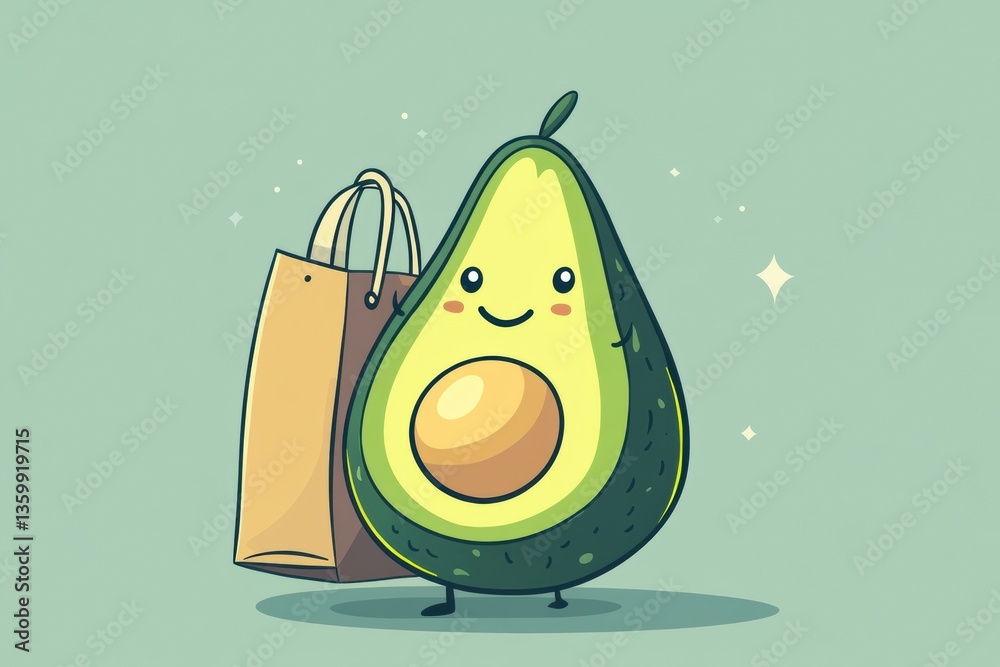 Poster humorous cartoon avocado with grocery bag in playful pastel background enjoying a fun shopping day g