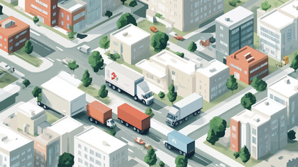 The image is a digitally created isometric illustration of a city scene.  The perspective is from a high angle, looking down on a network of streets and buildings. The buildings are rendered in a