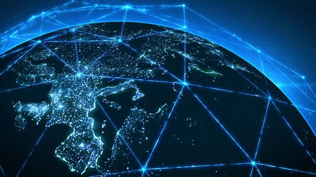 Auturistic digital Earth with glowing blue network lines connecting major cities. Pulsing data points highlight global communication, cybersecurity, evolution of digital technology in connected world