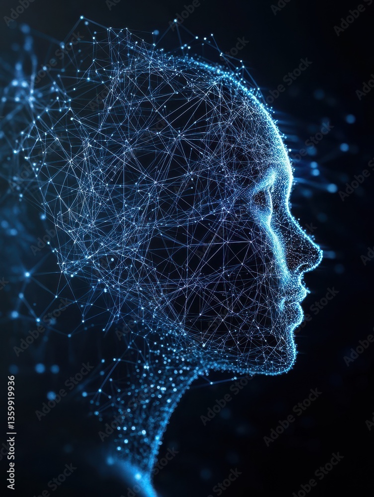 Poster a dark background with a blue abstract design of connected lines and dots, representing technologica