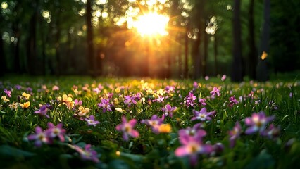 Obraz premium A vibrant field of purple and yellow flowers illuminated by sunlight filtering through trees in a serene forest setting. Concept Nature's Beauty, Floral Serenity, Sunlit Forest, Colorful Landscape