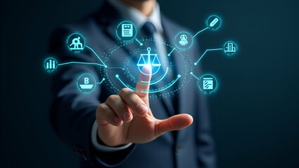 Man touches holographic icons of justice AI copyright and regulations on digital interface symbolizing intersection of law and artificial intelligence in empty space concept as Man touches holographic