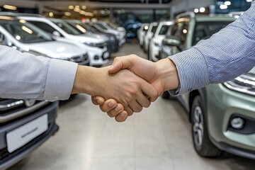 Professional handshake between sales representative and customer at a modern car dealership