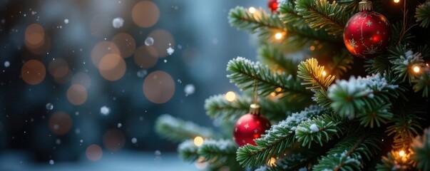 Fototapeta premium Snowflakes gently falling on a festive Christmas tree, decorations, ornaments