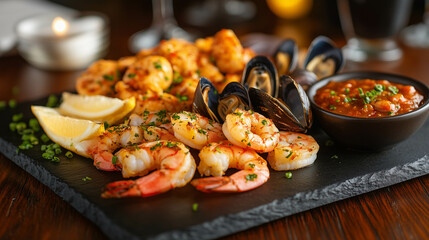 Close-up of a seafood platter featuring shrimp, crab legs, mussels, and oysters, served with cocktail sauce on a slate board. 