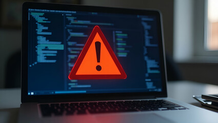 See exclamation alert sign on laptop warns virus data theft urges immediate action protect personal business information from hackers harmful attacks concept as Worker notices alarm message attempts t