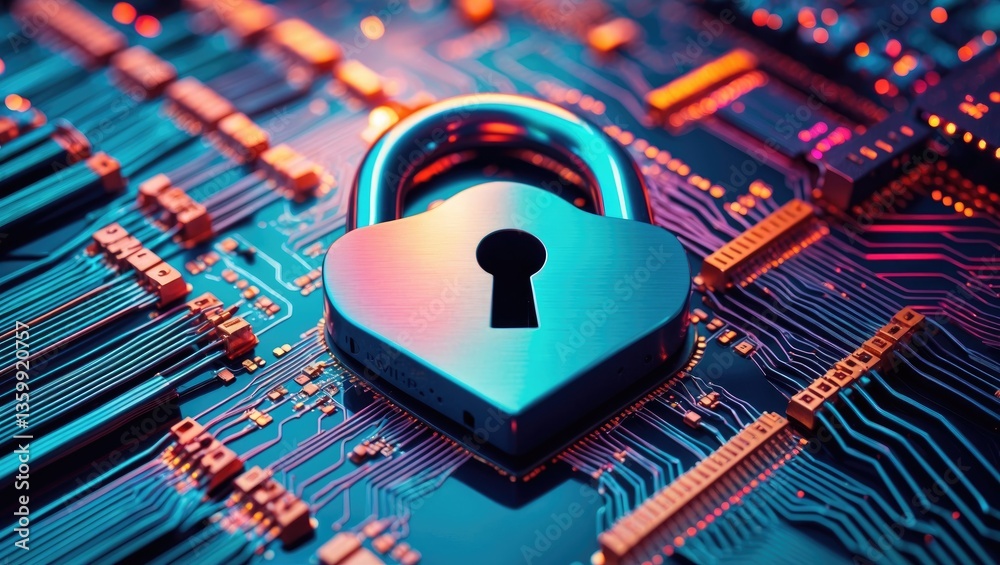 Poster a security padlock for data with a keyhole is situated at the convergence of circuits. safeguarding 