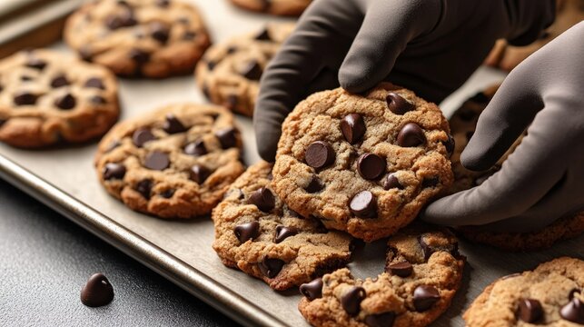 Close-up of gloved hands lifting freshly baked chocolate chip cookies from a baking sheet filled with more delicious cookies ready to enjoy.