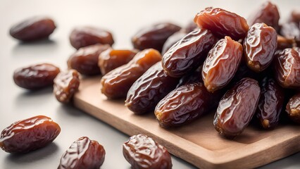 Close-up delicious, ripe Medjool dates a rustic wooden tray.
