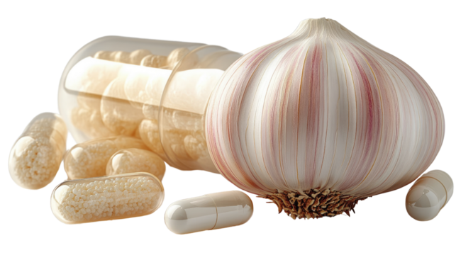 Healthy Choices: A vibrant composition featuring a fresh garlic bulb alongside transparent capsules, capturing the essence of natural health and wellness.