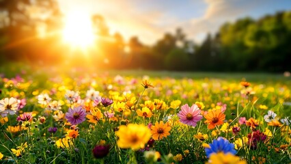 Obraz premium A vibrant field of multicolored flowers illuminated by a bright sun, creating a serene and picturesque natural scene. Concept Vibrant Flower Field, Sunlit Nature, Serene Landscape, Colorful Blooms